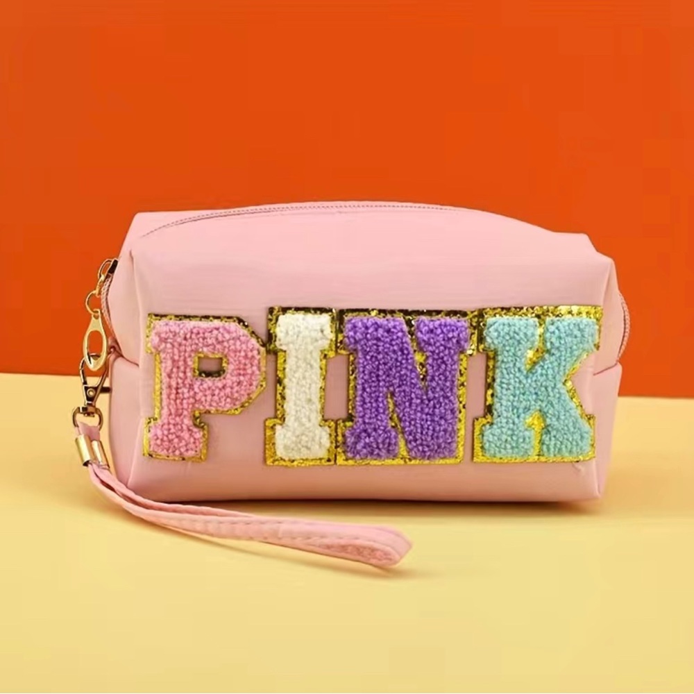 Cosmetic Bag PINK Chenille Embroidered Letters Mocha Color Discontinued